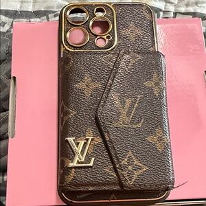 Luxury Brown Monogram Wallet Phone Case with Gold Accent